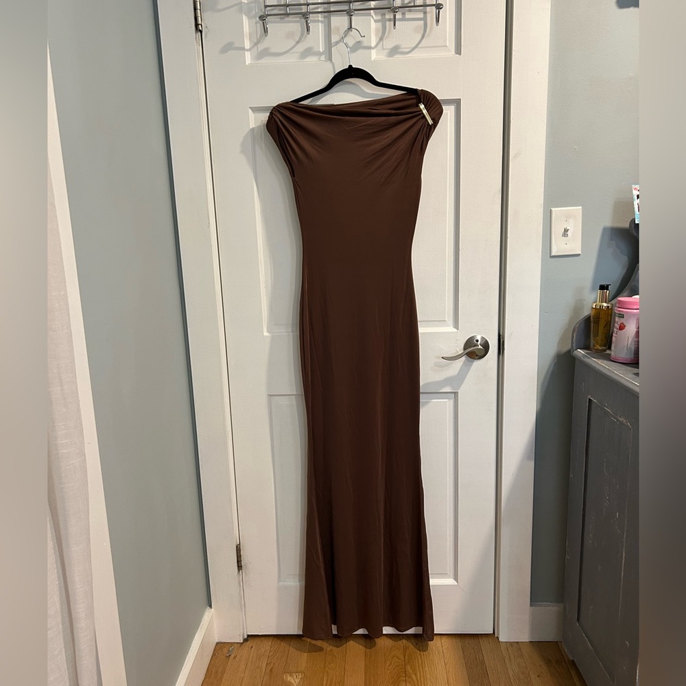 Meshki Chocolate Brown Off-Shoulder Maxi Dress